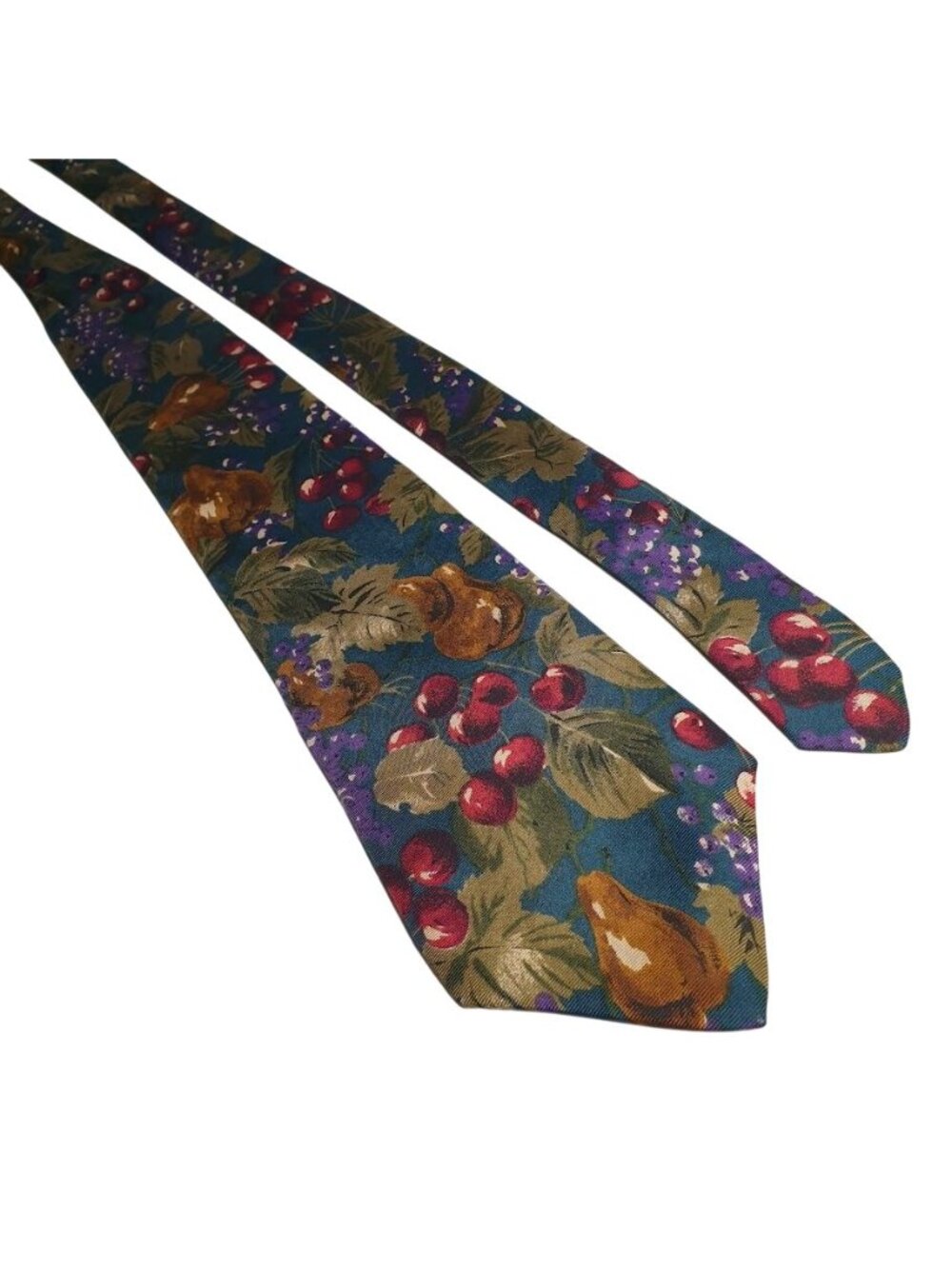 LAtelier Mens Necktie Fruit Pattern Silk Multicolor Blue Green Red Grapes & Pear